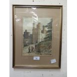 A framed and glazed watercolour of castle scene