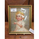 A framed and glazed watercolour of large headed child holding bird