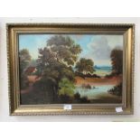A framed oil on board of countryside scene