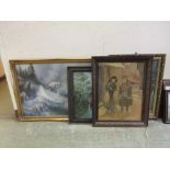 Four framed artworks to include prints of children, oil on canvas of ship in stormy seas etc.