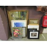 A large collection of artworks to include a large oil of still life, cigarette card display, prints,