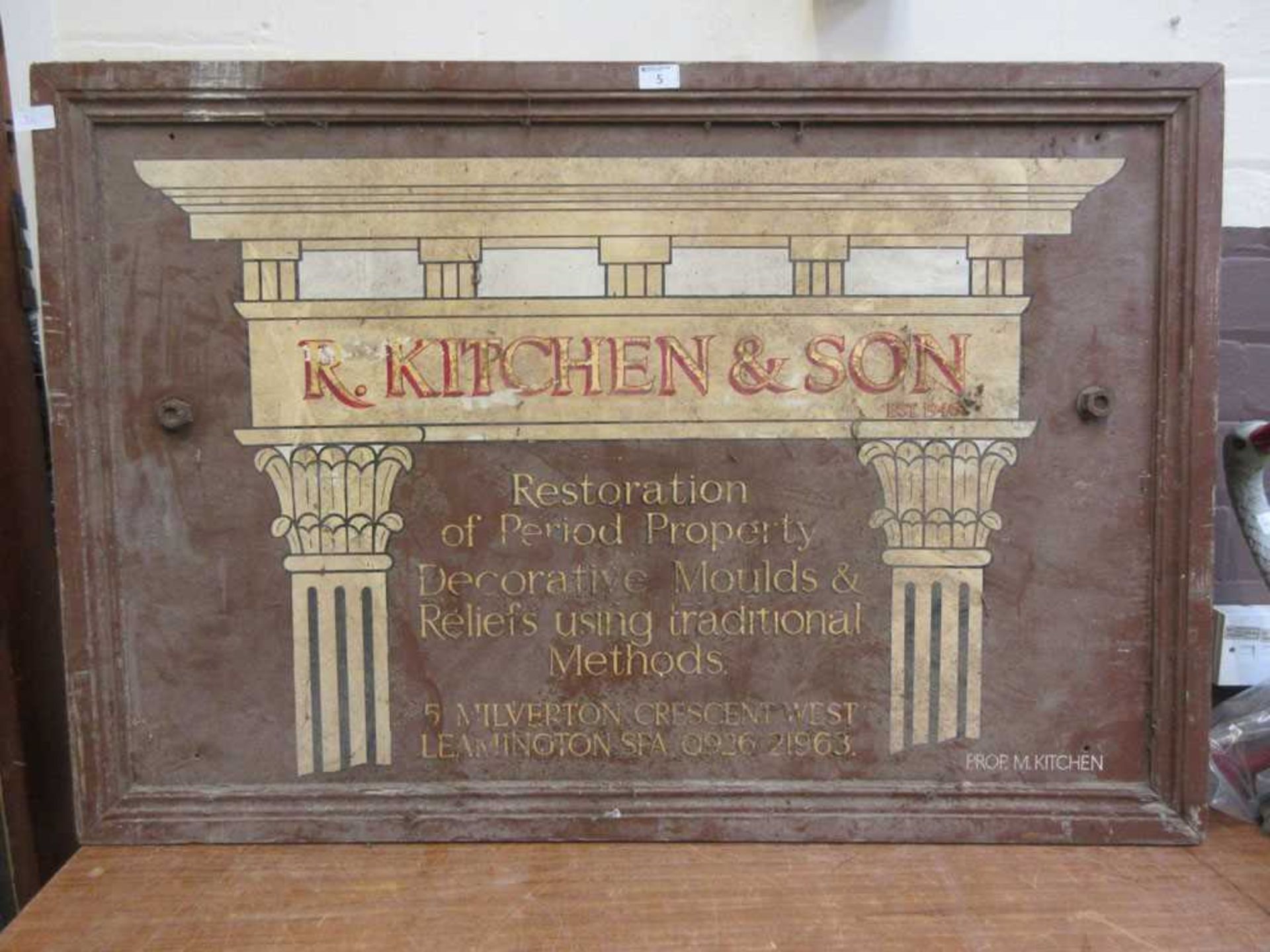 A mid-20th century shop sign 'R. Kitchen & Sons - Restoration of Period Property Based in