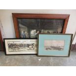 Three framed and glazed prints to include horse racing, interior scene etc.