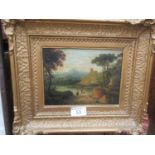 An ornate gilt framed oil on board of castle scene with huntsmenNote to back possibly attributes