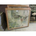 Two framed and glazed prints of ducks, one including a child, together with a modern pine mirror