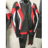 A red, black and white leather jacket and matching trousers by Sproa