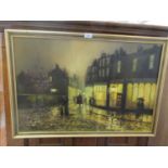 A late 20th century framed oil on canvas of a lantern lit street scene, signed bottom left