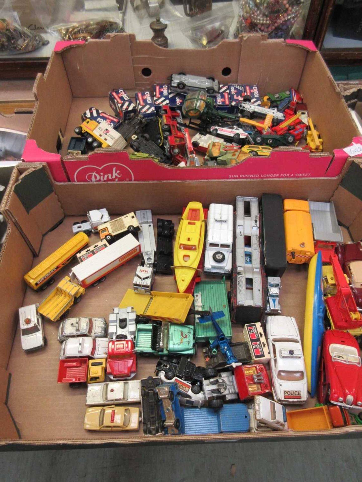 Two trays of diecast toys, some boxed Corgis etc.