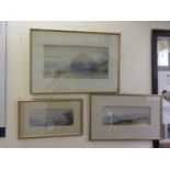 Three framed and glazed possible watercolours of countryside and lake scenes