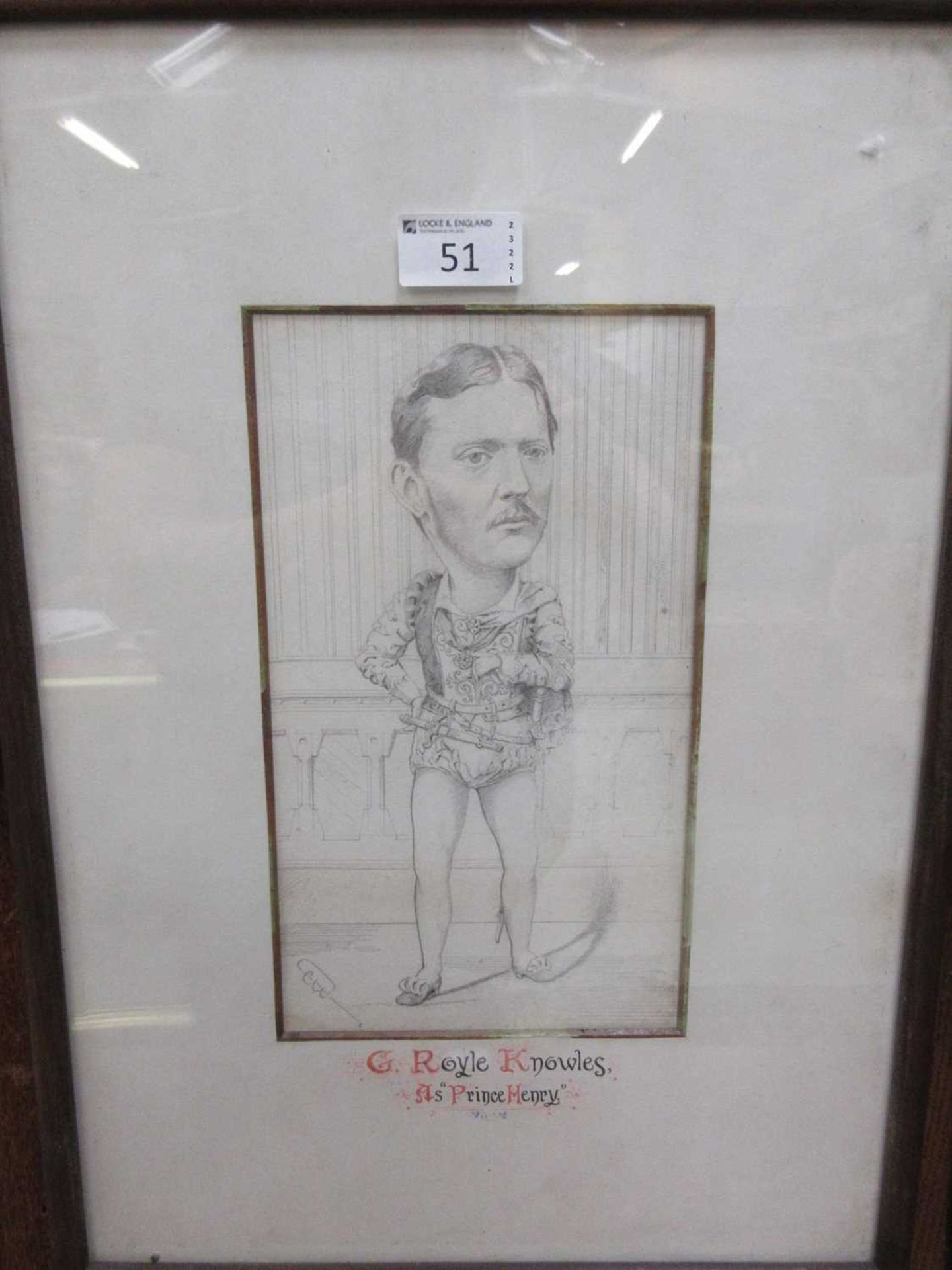 A framed and glazed pencil drawing of G.Royle Knowles as Prince Henry