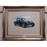 A framed and glazed watercolour of motor vehicle 'Ebony' signed in pencil to bottom right.