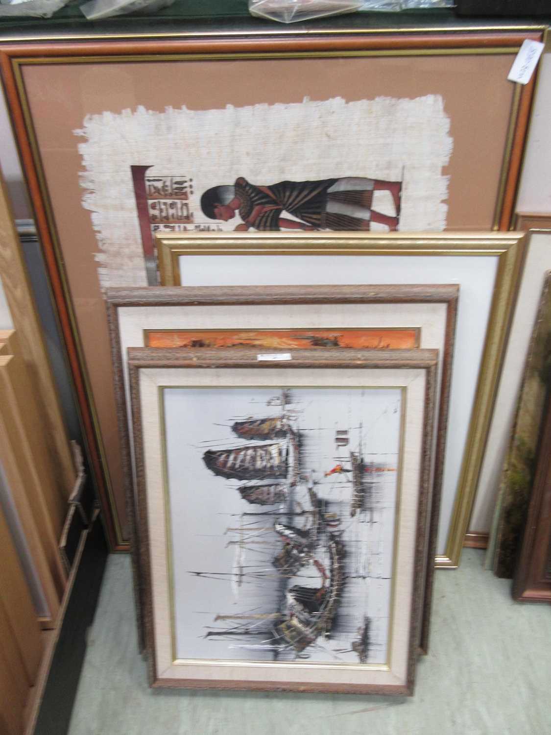 A quantity of artworks to include three modern oils of eastern village and sailing scenes and an