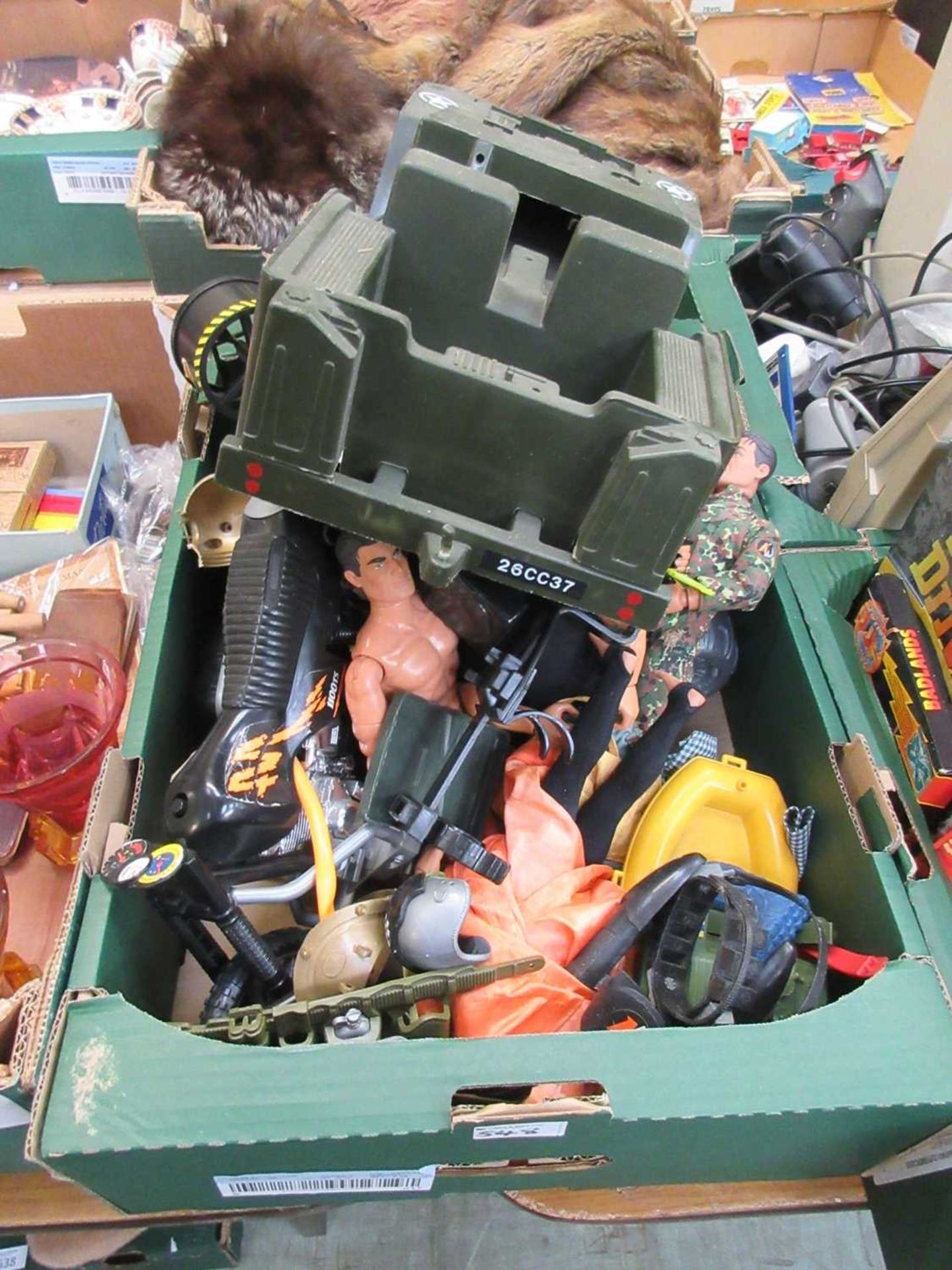 A tray containing a quantity of Action Man figures, motorbike etc.