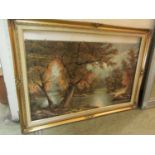 A modern gilt framed oil of countryside with river