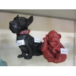 A cast aluminium scotty dog with tartan collar together with a moulded model of monkey