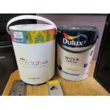 A tin of Wilko colour Matte emulsion together with a 5L can of Duluxe wall and ceiling hessian matte