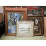 Five framed artworks to include a photographic print of lady & gentleman, oil painting of country