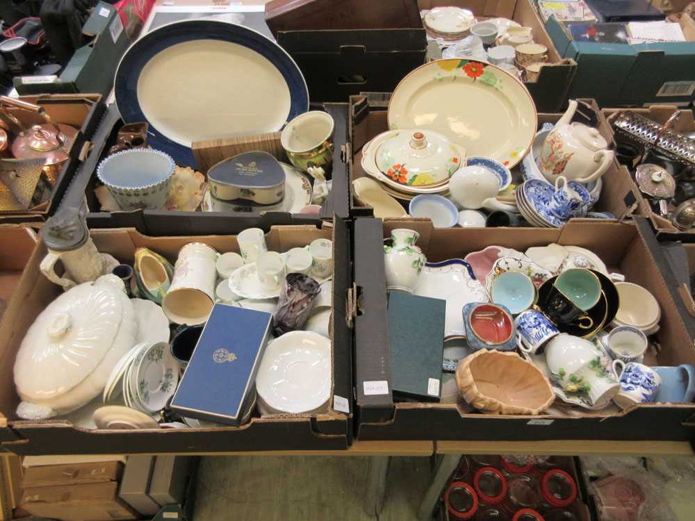 Four trays of ceramic tableware to include tureens, meat plates, teapots, etc