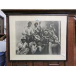 A framed and glazed monochrome print of a New Orleans jazz band taken from a drawing from 1932