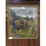 A framed and glazed oil painting of harvest scene