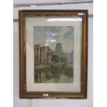 A framed print of river through continental city scene