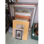 A collection of framed and unframed artworks to include prints, needle works etc.