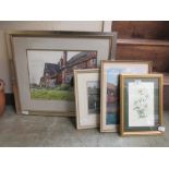 Four framed and glazed artworks to include a watercolour of daises, watercolour of cottage scene