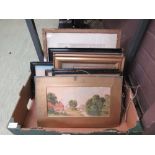 A tray containing artworks to include watercolours, needle works, oriental items etc.