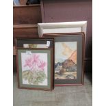 Six framed and glazed watercolours of still life, countryside scenes etc.