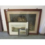 A large framed and glazed print of lions along with two hunting prints