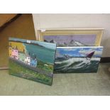 Three oils on canvas of a town, mountains and surfing, signed Platt
