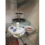 A boxed single tier cake stand by Dexon along with a Pallissy two tier cake stand, a Spode 'Stafford