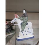 A blue and white 'Canterbury Tales' ceramic figurine of lady with book riding horse by Rye Pottery