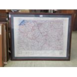 A framed and glazed map of Brussels to Frankfurt issued by the War Office 1942 (fourth edition