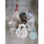 Five ceramic figures to include Coalport lady, Coalport swans, cockerel, etc