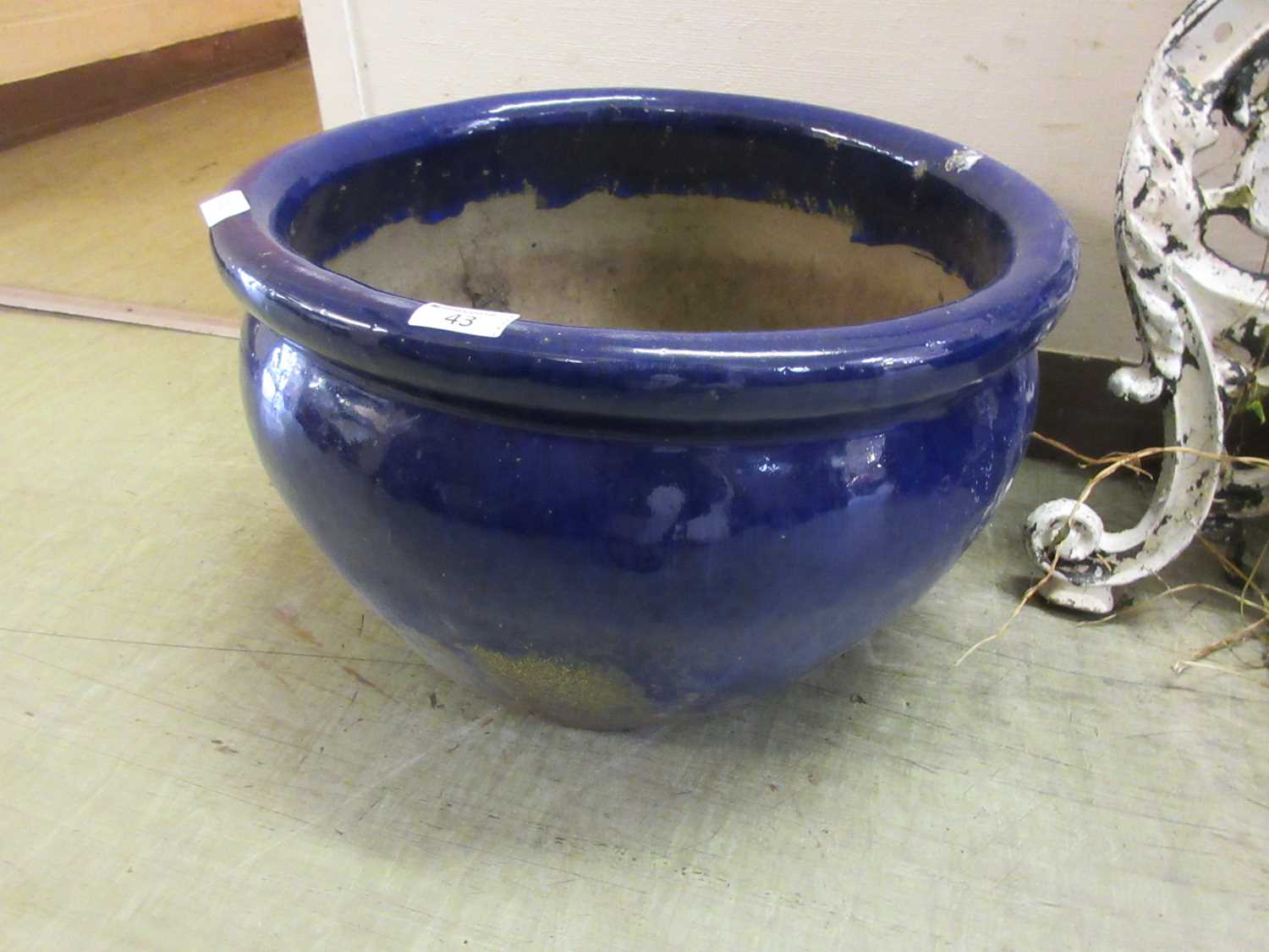 A blue glazed garden pot