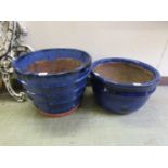 Two blue glazed garden pots