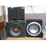 Four speakers to include a pair of Eltax speakers, a JBL speaker, etc