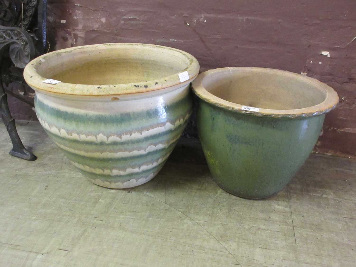 Two green glazed garden pots