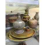 A selection of brass and copper ware to include samovar, embossed pots, etc