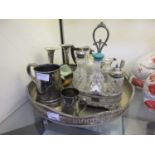 Silver plated ware to include tray, candlesticks, tankard, etc