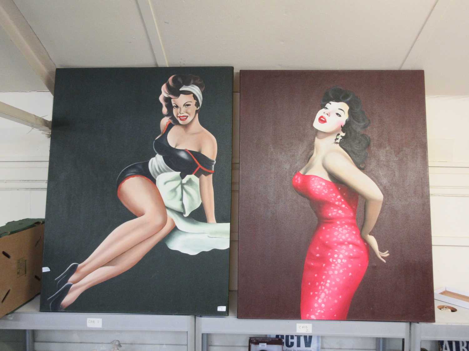 Two oil on canvases of pin up style ladies