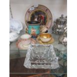A Dresden ceramic plate along with cabinet cups and saucers, glass ashtray, Crown Devon tankard,
