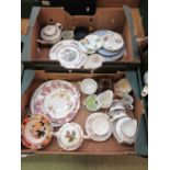 Two trays of ceramic items to include Indian Tree, Wedgwood, teapots, etc