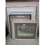 Six framed and glazed artworks to include watercolour of woodland scene, artist's proof print of