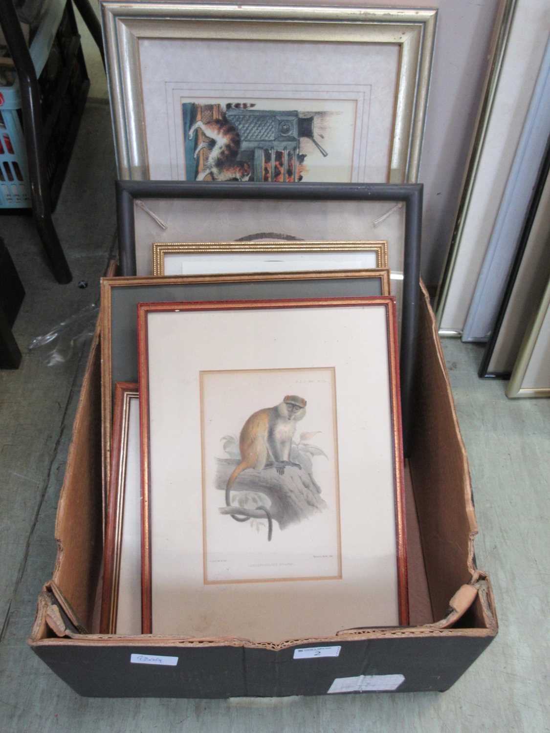 A tray containing artwork depicting monkeys to include prints, needleworks, etc