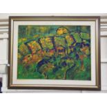A framed abstract oil on board of town scene signed bottom right