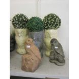 Three garden pots in the form of owls along with two composite stone garden ornaments of owls