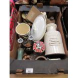 A tray containing ceramic items to include apothecary jar, mugs, tureens, etc