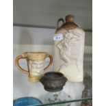 A Chinese bronze pot along with two ceramic itemsCrack to face of twin handled vase. No other damage